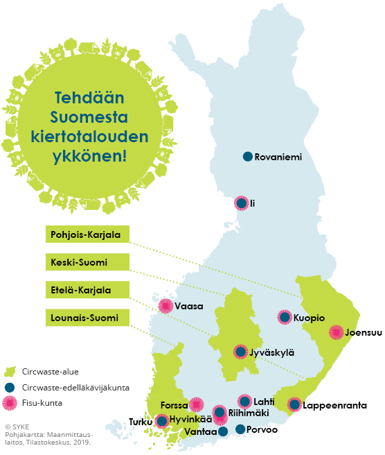 Circwaste-alueet, -edelläkävijäkunnat ja Fisu-kunnat kartalla.